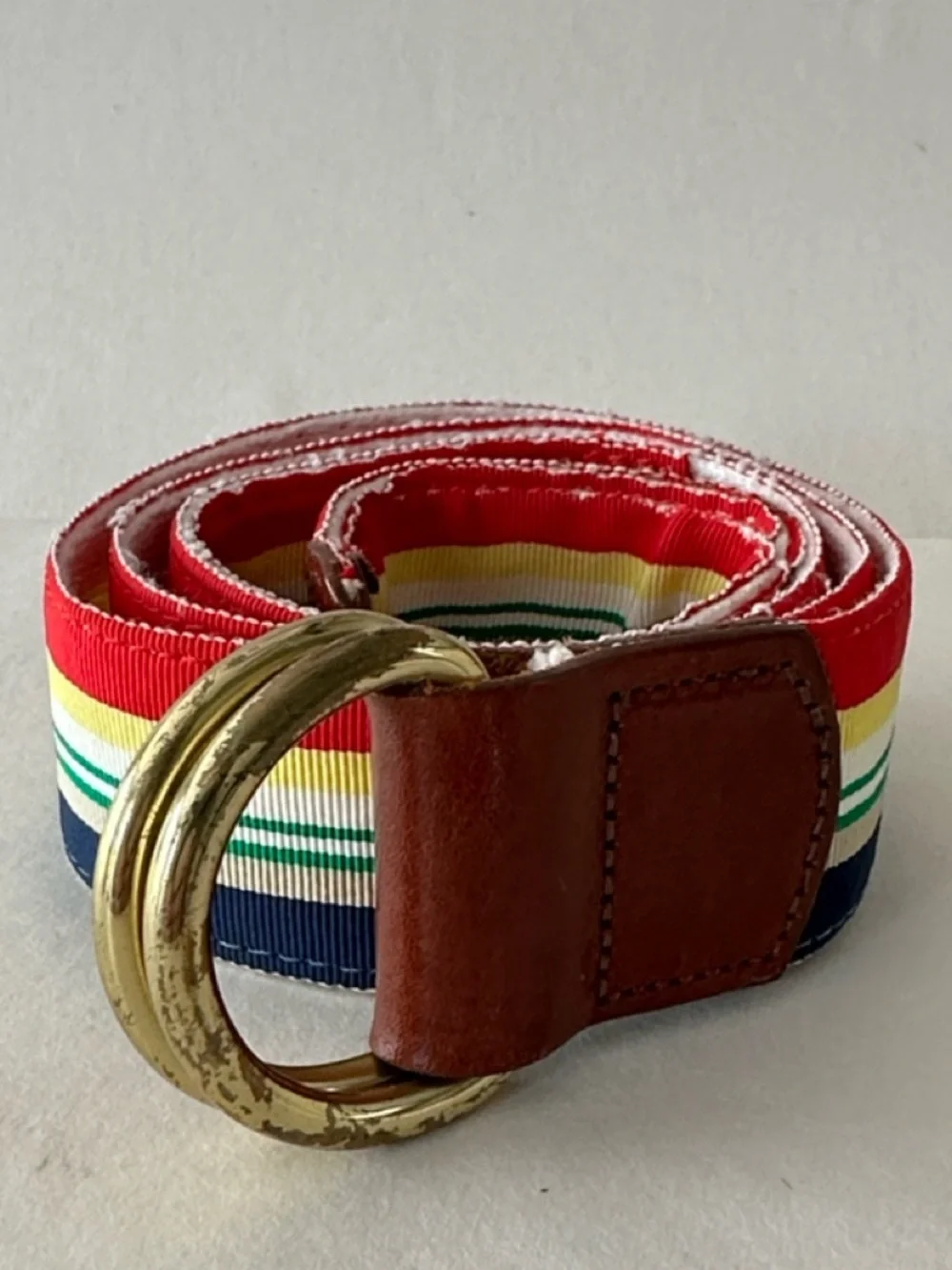 PREPPY VINTAGE 1980s LADIES WOVEN RIBBON BELT Brass O RING RED BLUE STRIPE 36